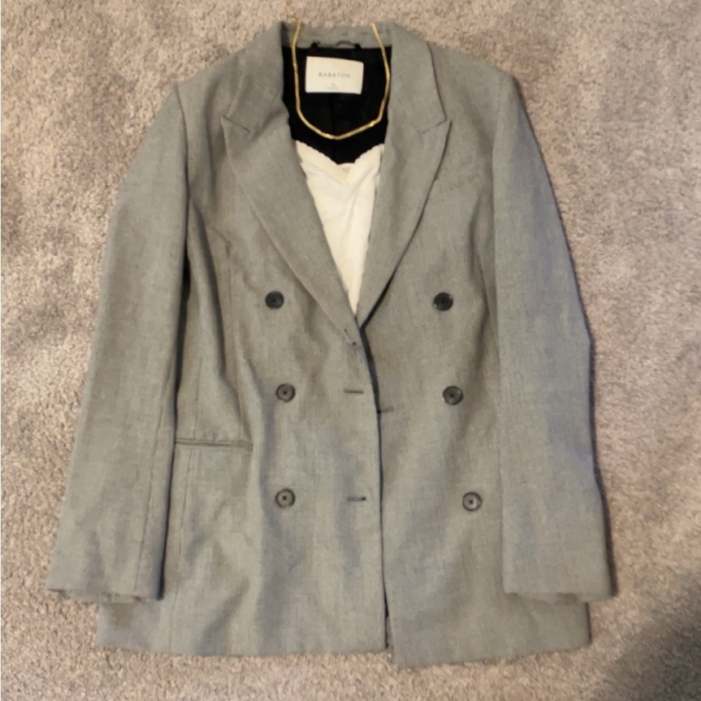 Babaton Light Gray Double-Breasted Blazer